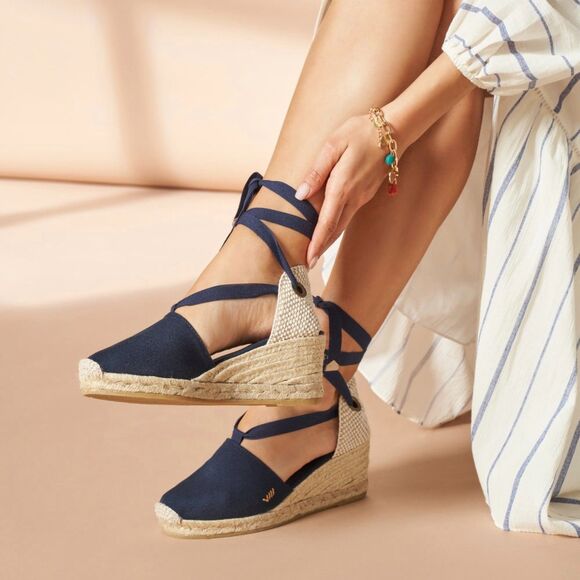 Viscata Escala Canvas Espadrille Wedges Size 39 US 8 Navy Blue Lace Up Handmade - Picture 2 of 10